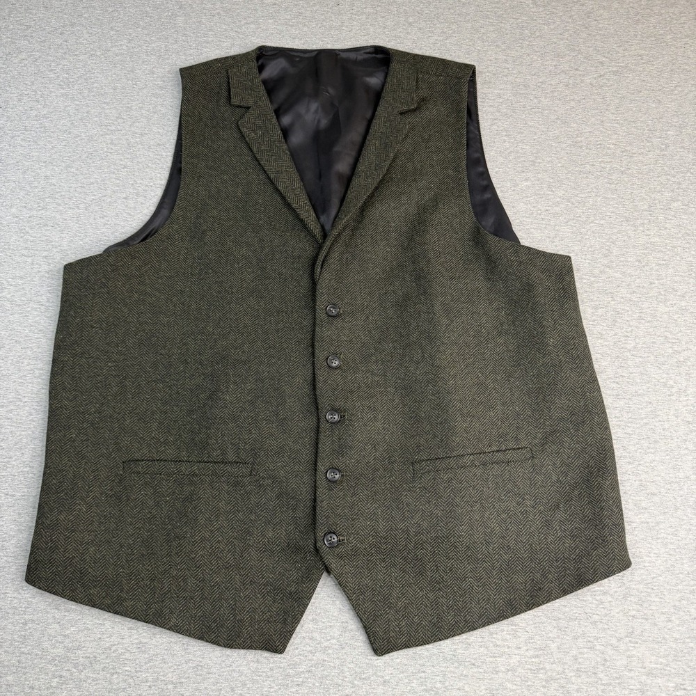 VOBOOM Mens Herringbone Tailored Collar Fullback Wool Tweed Suit Vest XXXL Green